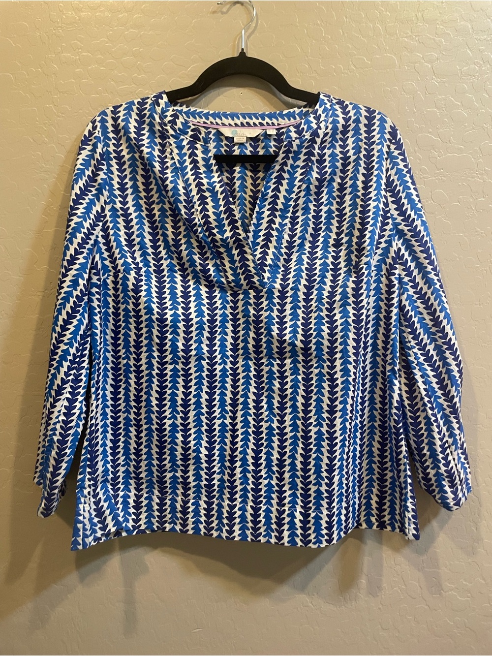 Boden Blue & White Geometric V-Neck Blouse